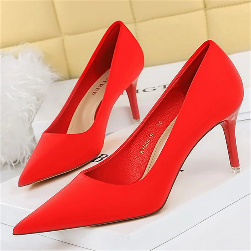 Women 7.5cm 10.5cm High Heels Scarpins Silk Satin Pumps Lady Quality Green Purple Fetish Wedding Bridal Mid Low Heels Prom Shoes