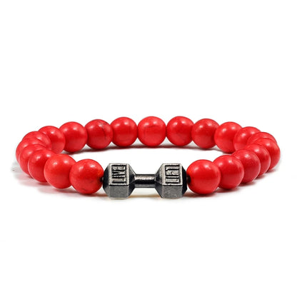 Natural Volcanic Stone Bracelet Men Matte Black Lave White Beads Charm Dumbbell Strand Bracelets Women Barbell Fitness Jewelry