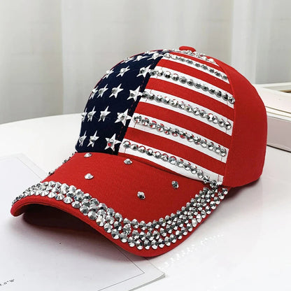 Adjustable Size 4th July Dad Hat USA American Flag Patriotic Baseball Cap Denim Distressed Rhinestone Bling Sparkle Hip Hop Hat