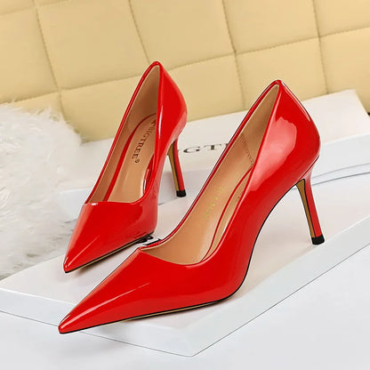 Women 8.5cm High Heels Scarpins Pumps Lady Blue Yellow Silver Glossy Leather Fetish Wedding Bridal Mid Low Heels Party Red Shoes