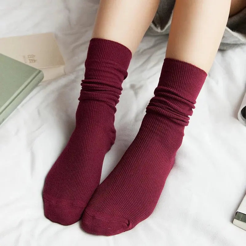 CHAOZHU Japanese Korean High School Girls High Socks Loose Solid Colors Double Needles Knitting Cotton Long Socks For Women