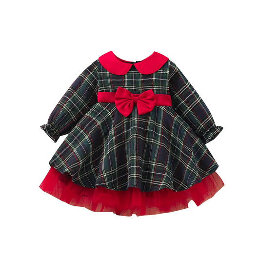 Ma&Baby 1-7Y 2024 Christmas Girls Red Dress Kid Toddler Girl Plaid Bow Tulle Tutu Party Dresses Children New Year Xmas Costumes