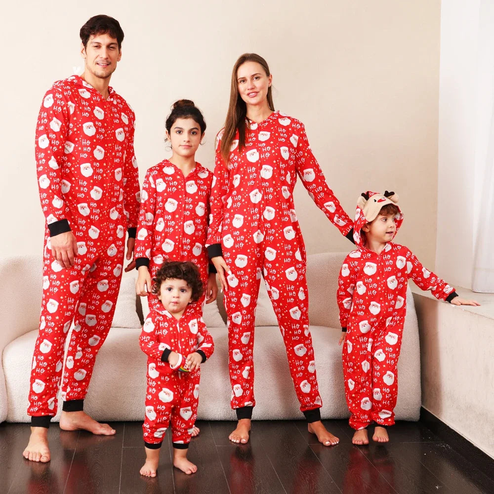 2024 Christmas Family Matching Outfit Cute Deer Ear Hooded Zipper Romper Cute One-Piece Jumpsuit Allover Print Pajamas Xmas Look