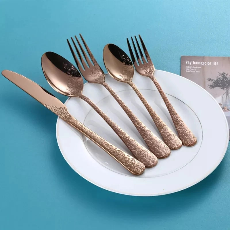 High Quality Cutlery Set Handle Exquisite carving Stainless Steel Golden Tableware Knife Fork Spoon Flatware Set Silverware Set