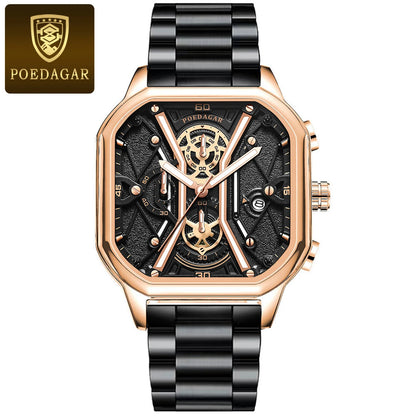 POEDAGAR Fashion Men Wristwatches Luxury Chronograph Luminous Waterproof Date Man Watch Square Dial Leather Quartz Men's Watches