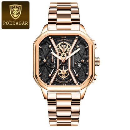 POEDAGAR Fashion Men Wristwatches Luxury Chronograph Luminous Waterproof Date Man Watch Square Dial Leather Quartz Men's Watches