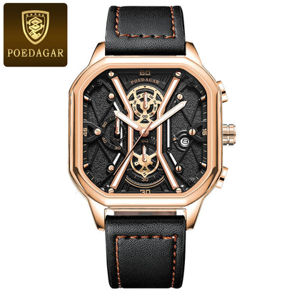 POEDAGAR Fashion Men Wristwatches Luxury Chronograph Luminous Waterproof Date Man Watch Square Dial Leather Quartz Men's Watches