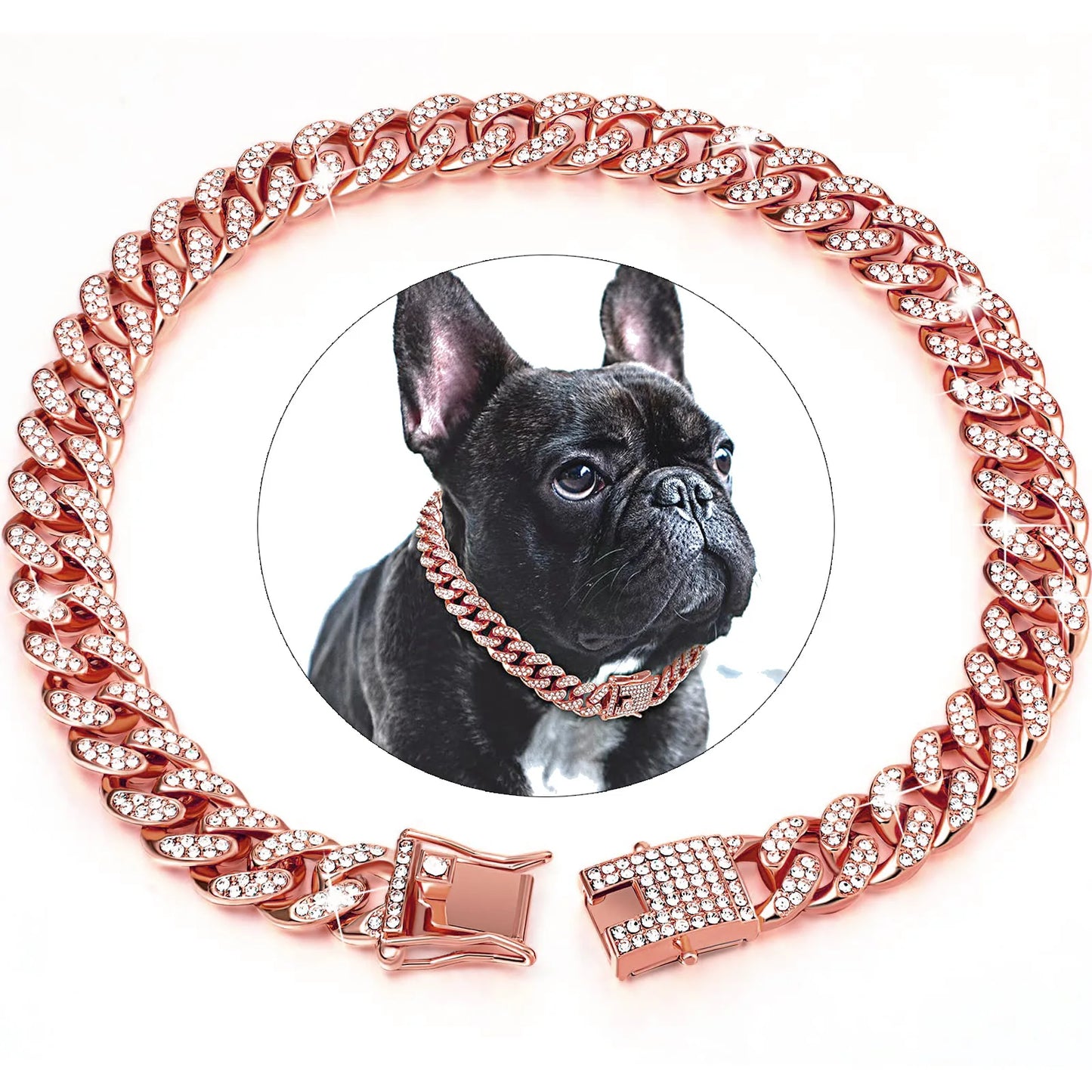 Dog Chain Diamond Cuban Collar Walking Metal Chain Collar with Design Secure Buckle, Pet Cat Cuban Collar Jewelry Accessories