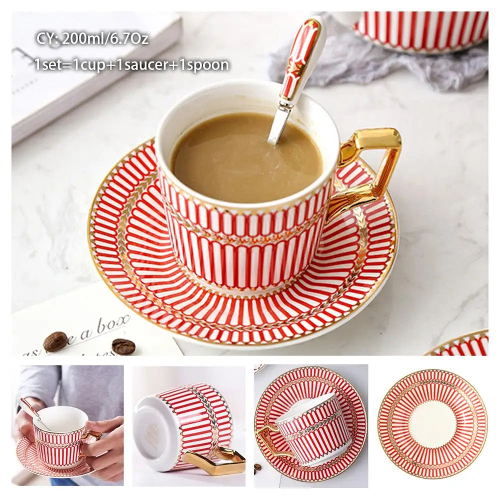 Europe Bone China Coffee Cup Saucer Spoon Set 200ml Luxury Ceramic Mug Top-grade Porcelain Tea Cup Cafe Teaware Party Drinkware