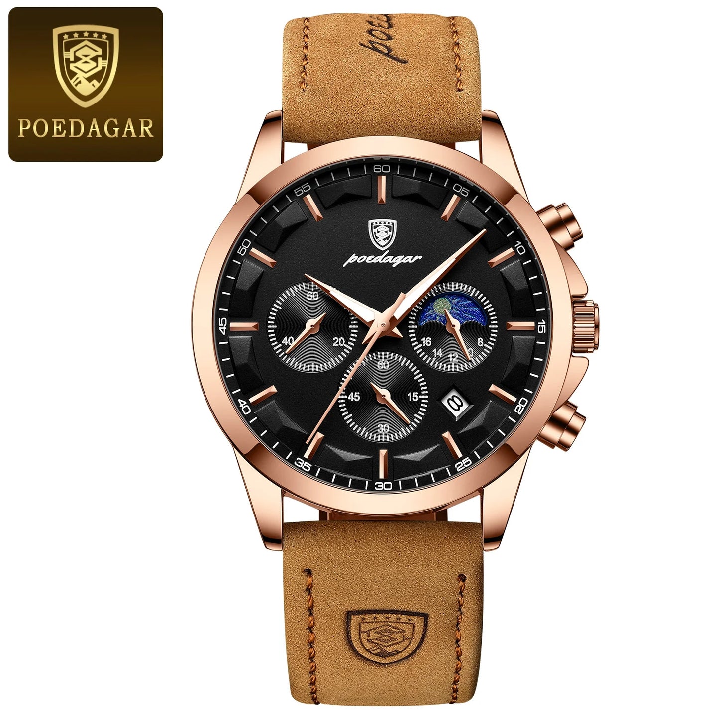 POEDAGAR Men Quartz Watch Luxury Sports Waterproof Chronograph Luminous Date Man Wristwatch Business Leather Men's Watches Clock