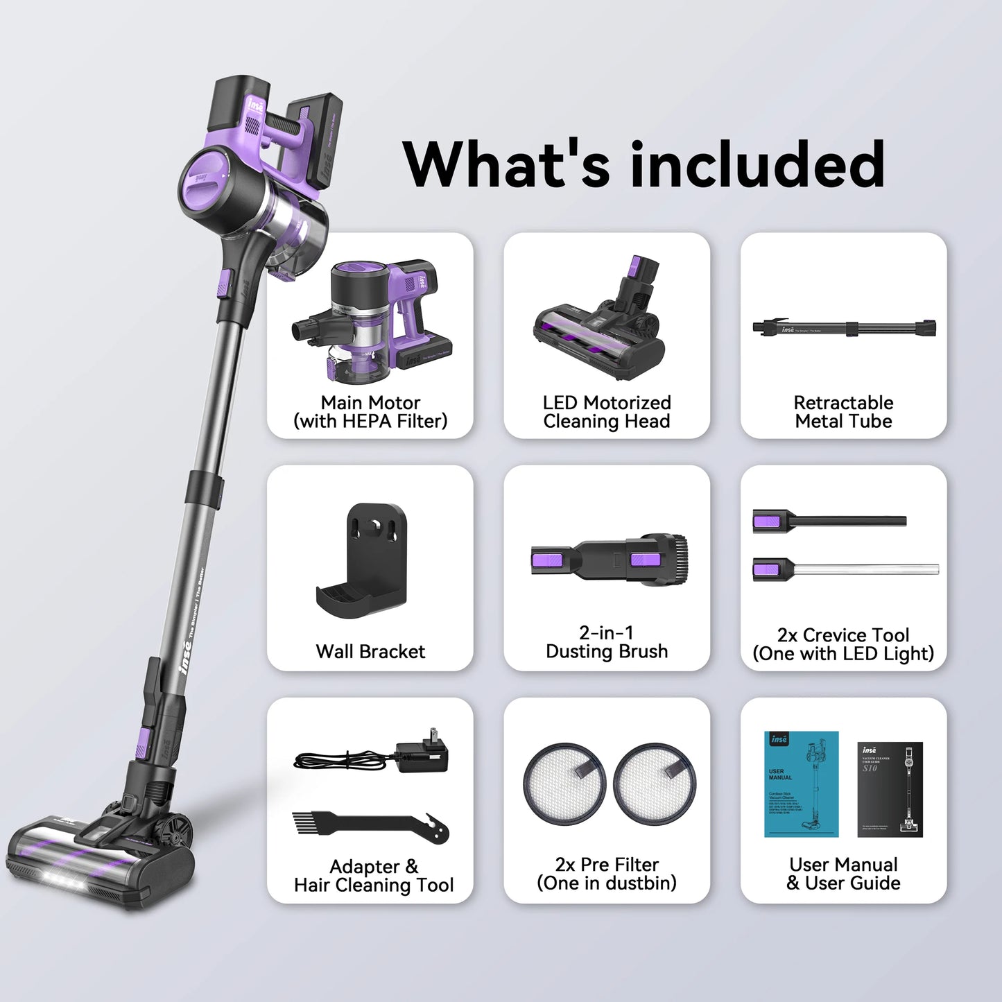 INSE S10 Cordless Vacuum Cleaner, 6-in-1 Stick Vacuum with 30Kpa 350W Suction, Max 50 Min Runtime Rechargeable Vacuum Cleaner