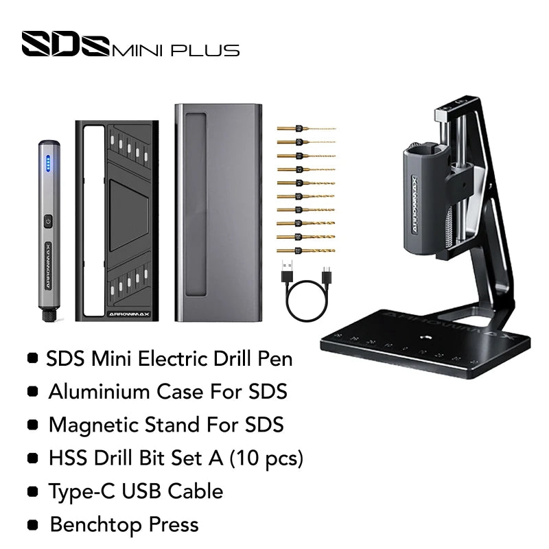 ARROWMAX Mini Electric Drill with Bench Drill Press Cordless Hand Tool Drilling for Wood Plastic Aluminum Coin SDS Mini Plus