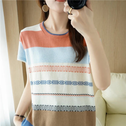 100% Cotton Short-sleeved Tees Summer Ladies O-neck Color-blocking Pullover Vest Stitching Contrast Color Base Knitted T-shirt