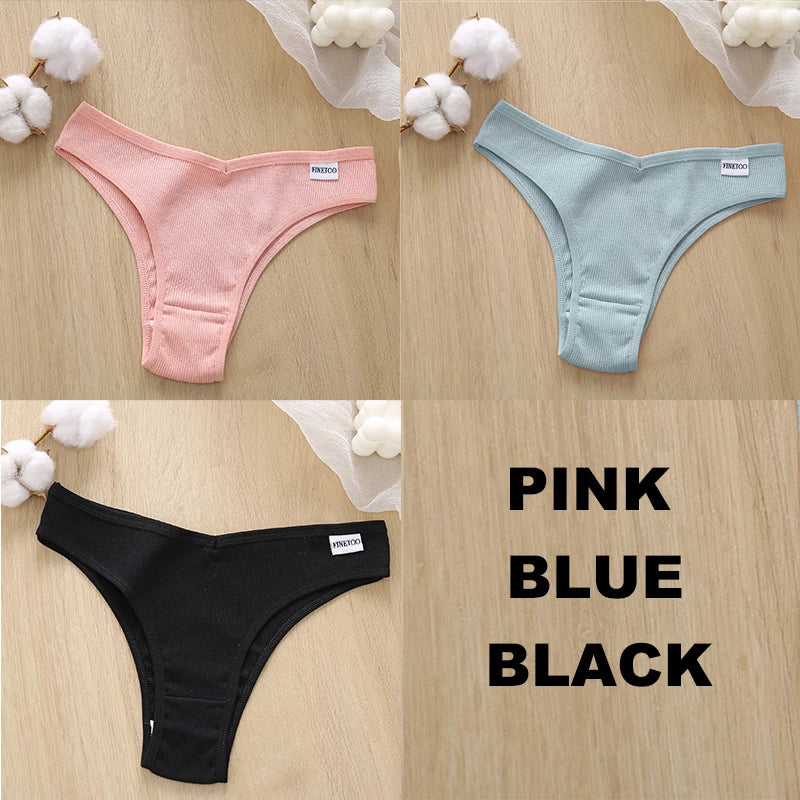 FINETOO 3PCS Women Cotton Lingerie Female Thongs Sexy Underwear Low-Rise Underpant Women's Panties Brazilian Pants Bikini Briefs