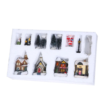 10Pcs/set Christmas Ornament Luminous Home Mini Xmas Cabin Decoration Town Street Light Up Building Holiday Party Gift