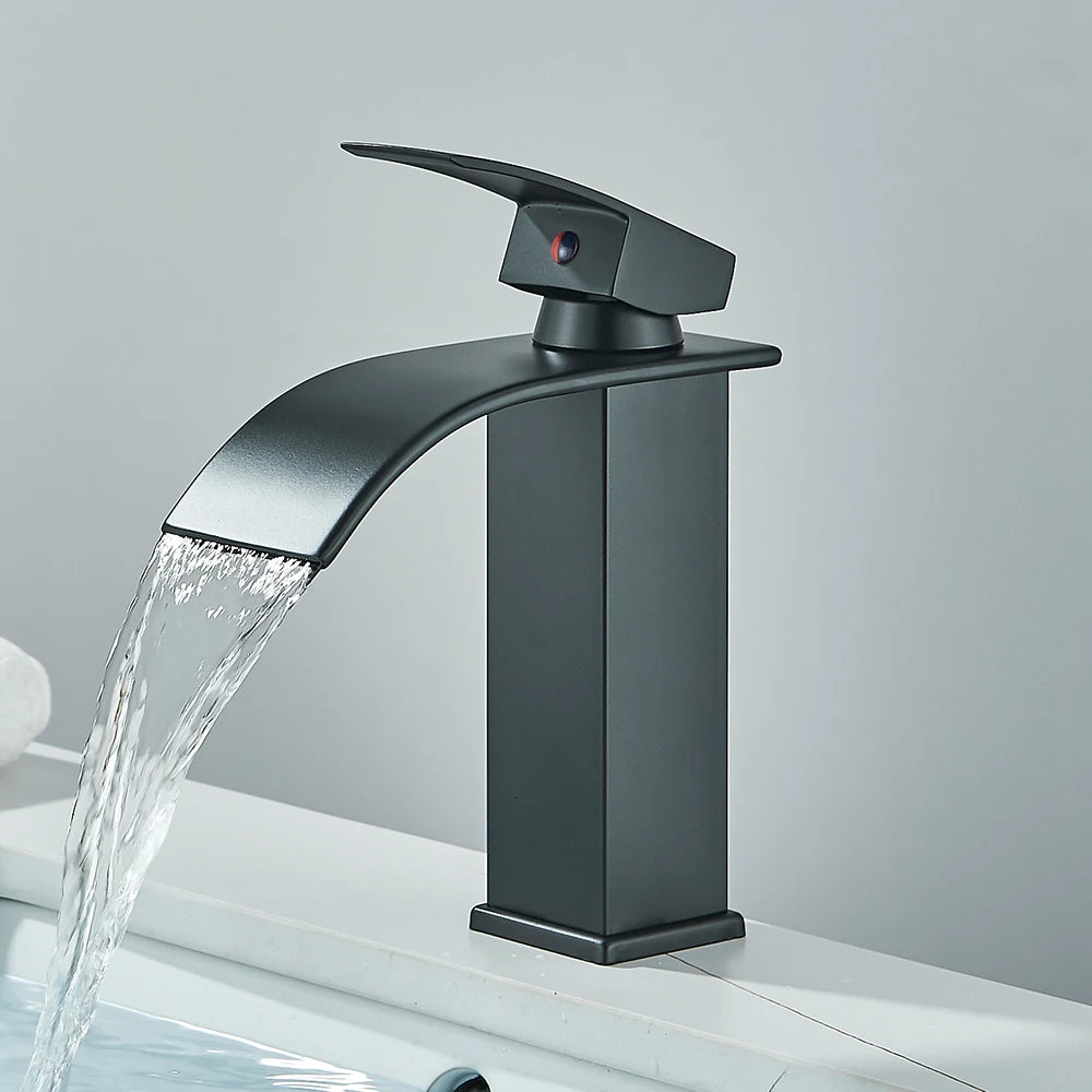 Matte Black Waterfall Basin Faucet Single Handle Mixer Hot Cold Water Basin Crane Tap For Bathroom Wash Basin Sink Mixer Tap