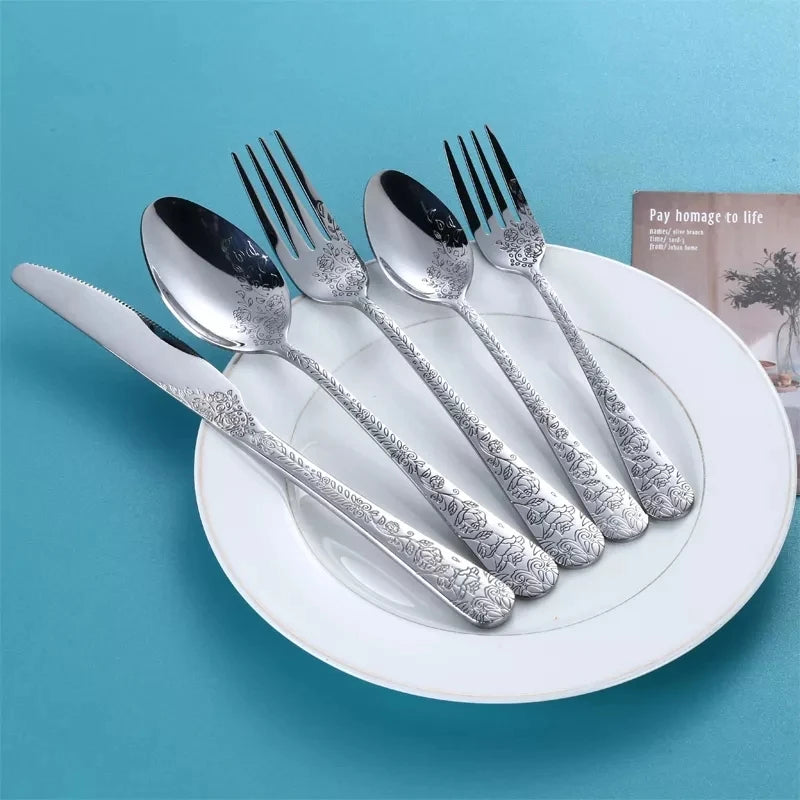 High Quality Cutlery Set Handle Exquisite carving Stainless Steel Golden Tableware Knife Fork Spoon Flatware Set Silverware Set