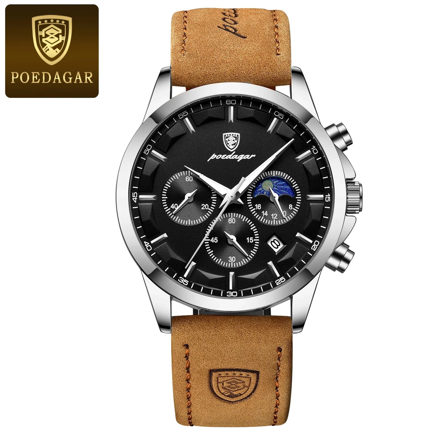 POEDAGAR Men Quartz Watch Luxury Sports Waterproof Chronograph Luminous Date Man Wristwatch Business Leather Men's Watches Clock