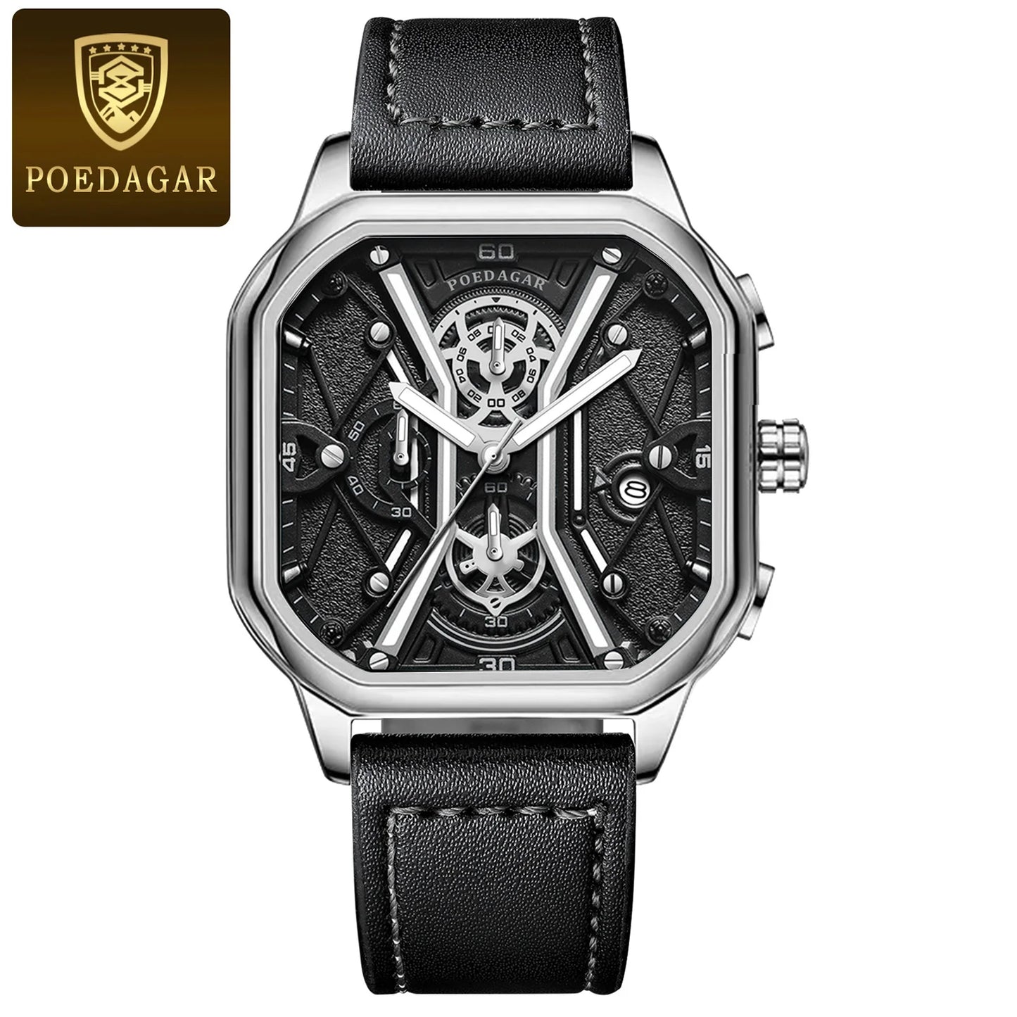 POEDAGAR Fashion Men Wristwatches Luxury Chronograph Luminous Waterproof Date Man Watch Square Dial Leather Quartz Men's Watches