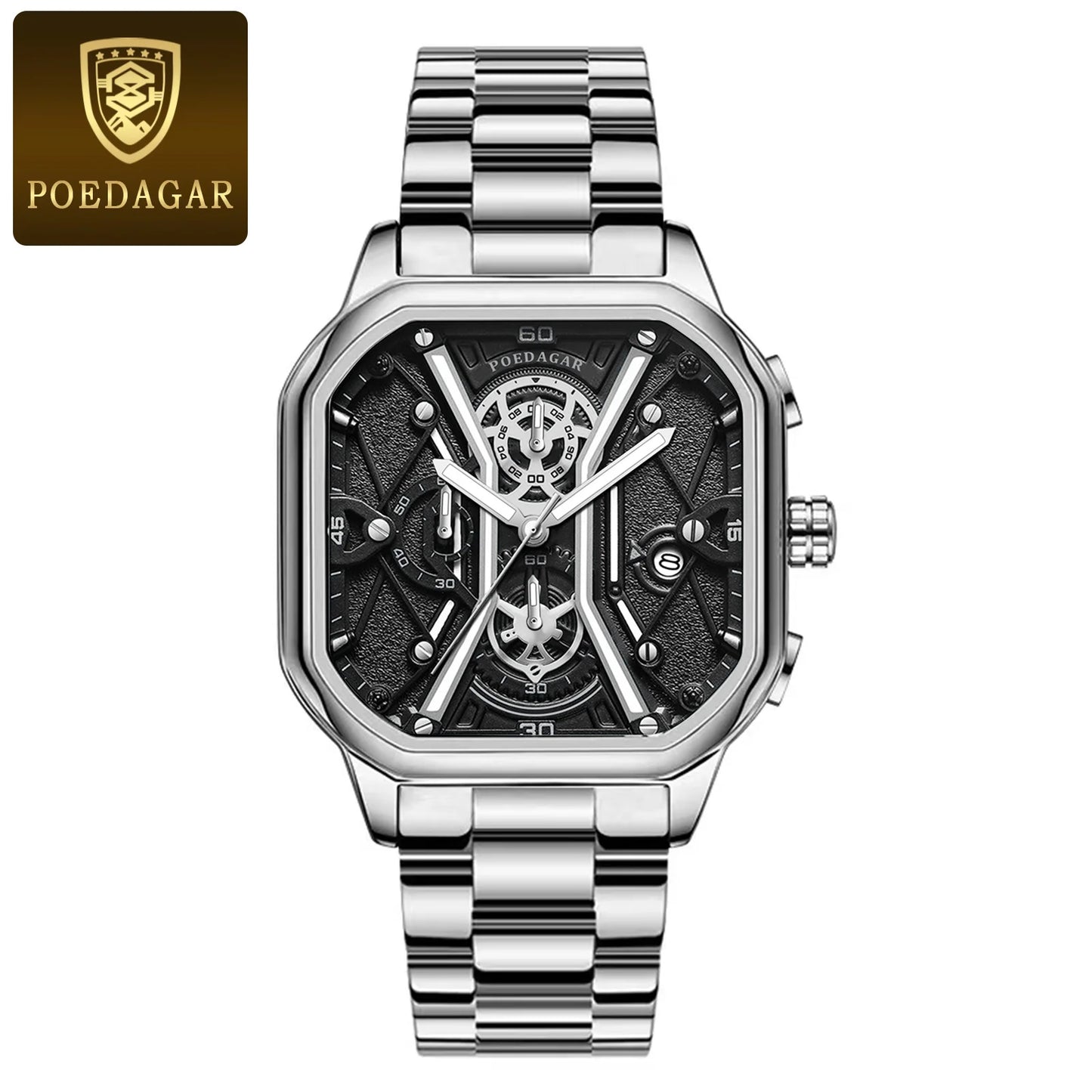 POEDAGAR Fashion Men Wristwatches Luxury Chronograph Luminous Waterproof Date Man Watch Square Dial Leather Quartz Men's Watches