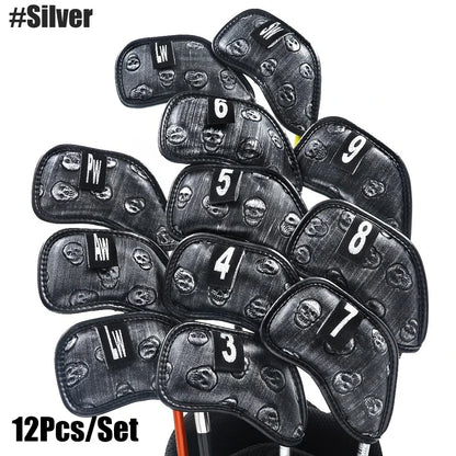 12x Skull Golf Iron Headcover Anti-Scratch Irons Guard Golf Club Head Coversiron Protectors Skull Embroidery PU Waterproof