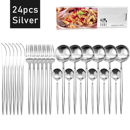 24pcs Gold Dinnerware Set Stainless Steel Tableware Set Knife Fork Spoon Flatware Set Cutlery Set Knife Fork Spoon Tea Spoon