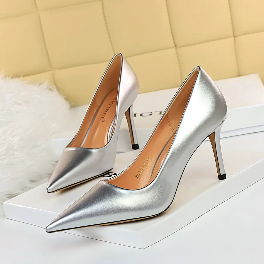 Women 8.5cm High Heels Scarpins Pumps Lady Blue Yellow Silver Glossy Leather Fetish Wedding Bridal Mid Low Heels Party Red Shoes