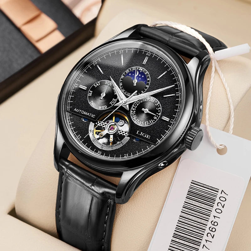 2024 LIGE Mens Watches Automatic Mechanical Watch Tourbillon Sport Clock Leather Casual Business Retro Wristwatch Relojes Hombre