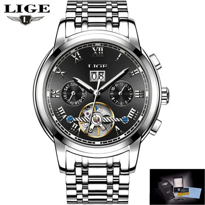 2024 LIGE Mens Watches Automatic Mechanical Watch Tourbillon Sport Clock Leather Casual Business Retro Wristwatch Relojes Hombre