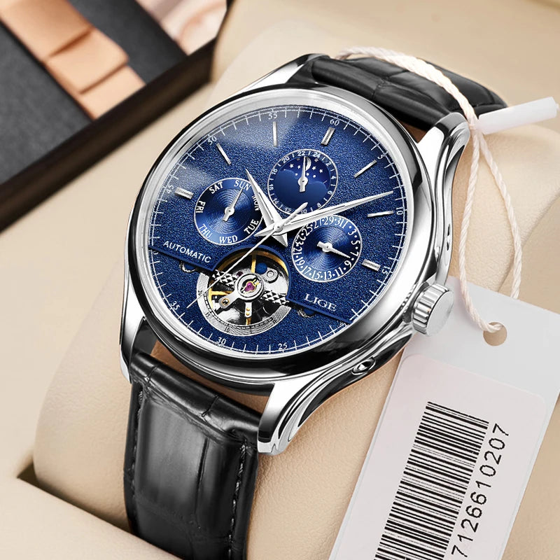 2024 LIGE Mens Watches Automatic Mechanical Watch Tourbillon Sport Clock Leather Casual Business Retro Wristwatch Relojes Hombre