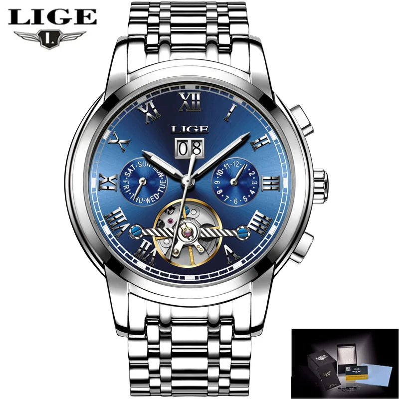 2024 LIGE Mens Watches Automatic Mechanical Watch Tourbillon Sport Clock Leather Casual Business Retro Wristwatch Relojes Hombre