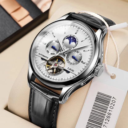 2024 LIGE Mens Watches Automatic Mechanical Watch Tourbillon Sport Clock Leather Casual Business Retro Wristwatch Relojes Hombre