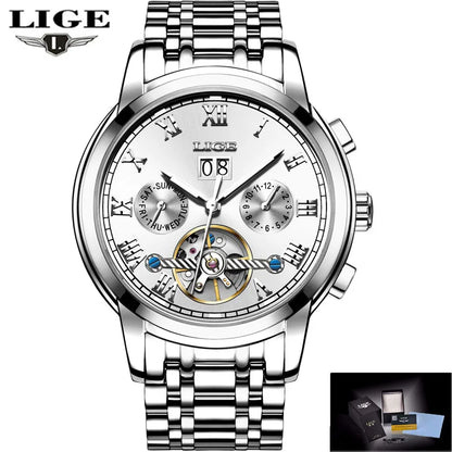 2024 LIGE Mens Watches Automatic Mechanical Watch Tourbillon Sport Clock Leather Casual Business Retro Wristwatch Relojes Hombre