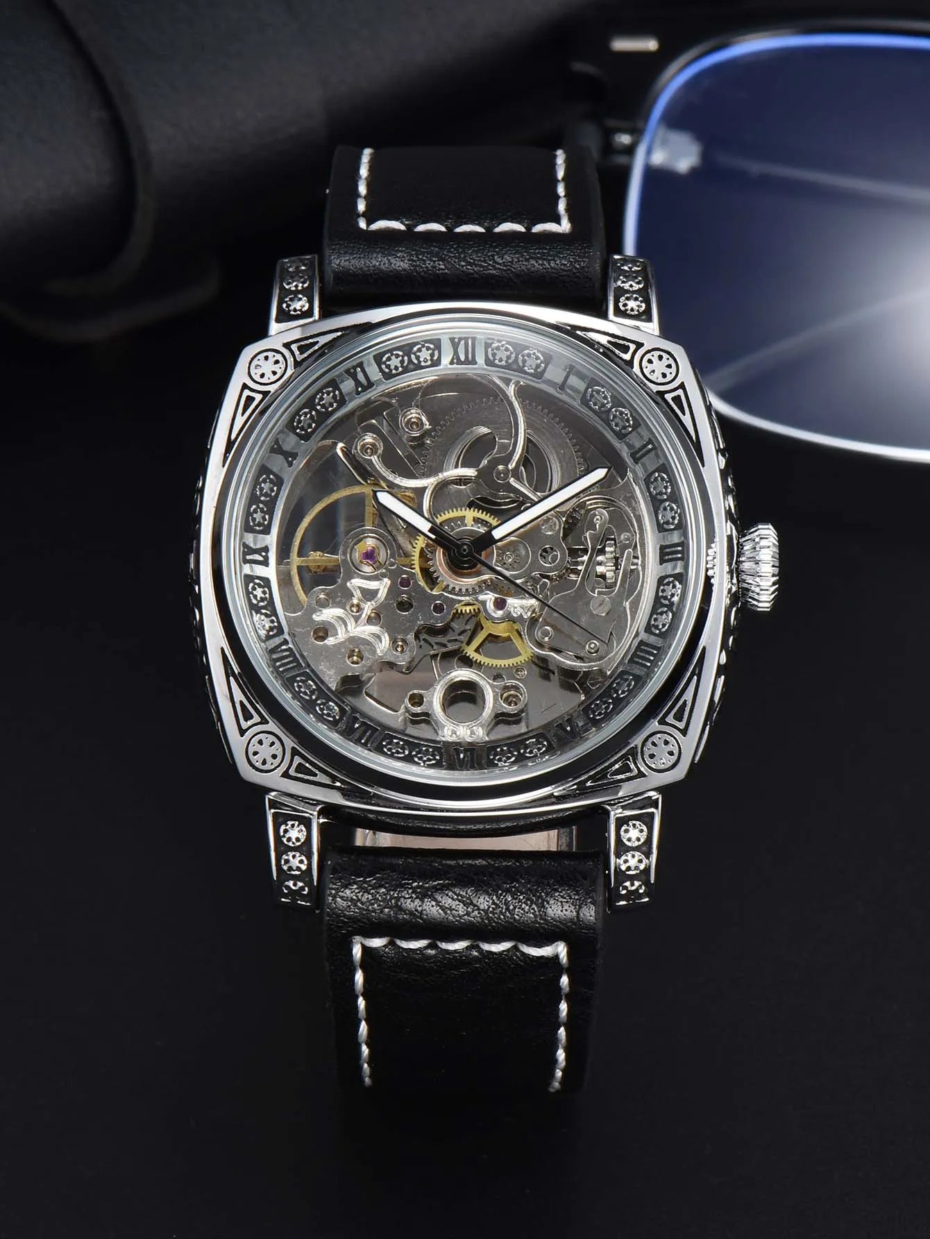 LONGLUX automatic watch retro style mechanical wristwatches skeleton carve waterproof leather mens watch