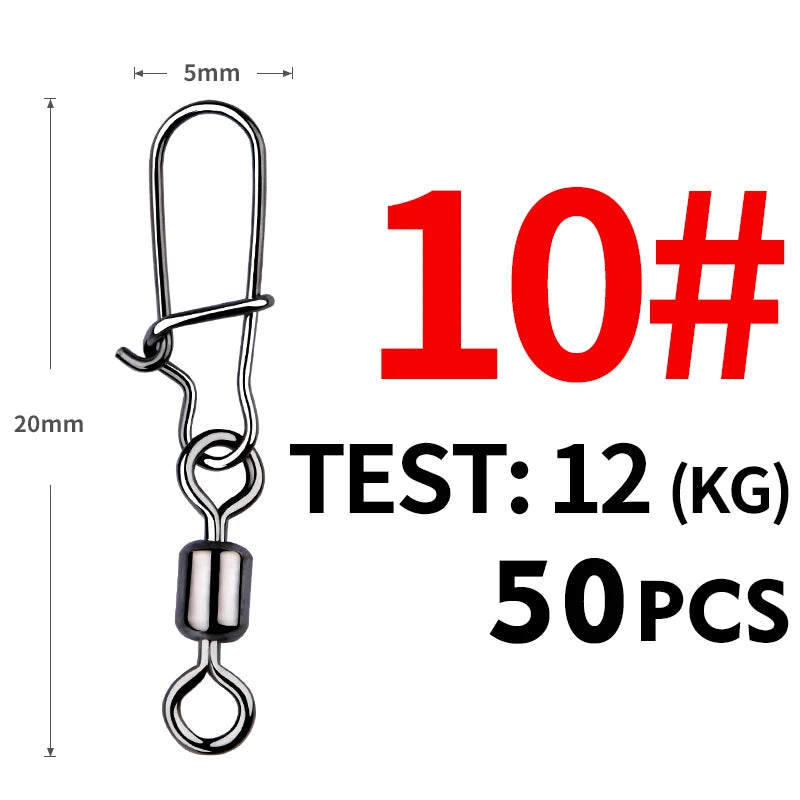 MEREDITH 50PCS Pike Fishing Accessories Connector Pin Bearing Rolling Swivel Stainless Steel Snap Fishhook Lure Swivels Tackle