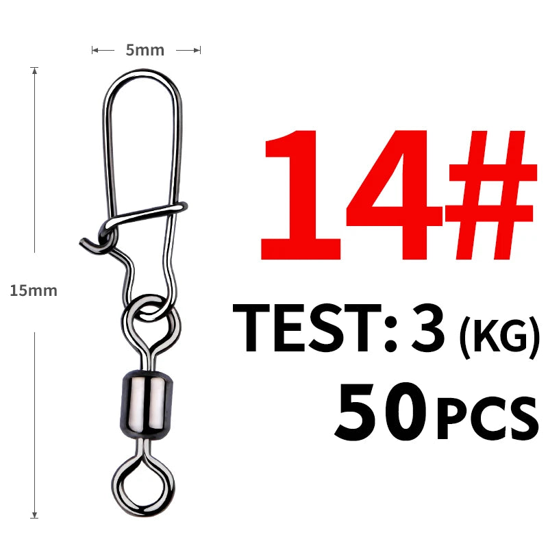 MEREDITH 50PCS Pike Fishing Accessories Connector Pin Bearing Rolling Swivel Stainless Steel Snap Fishhook Lure Swivels Tackle