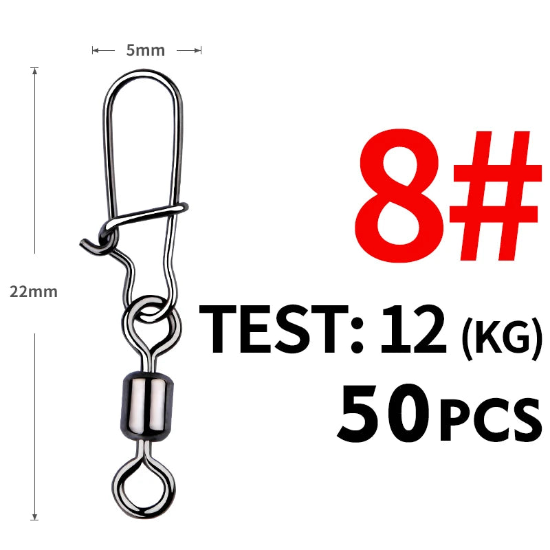 MEREDITH 50PCS Pike Fishing Accessories Connector Pin Bearing Rolling Swivel Stainless Steel Snap Fishhook Lure Swivels Tackle