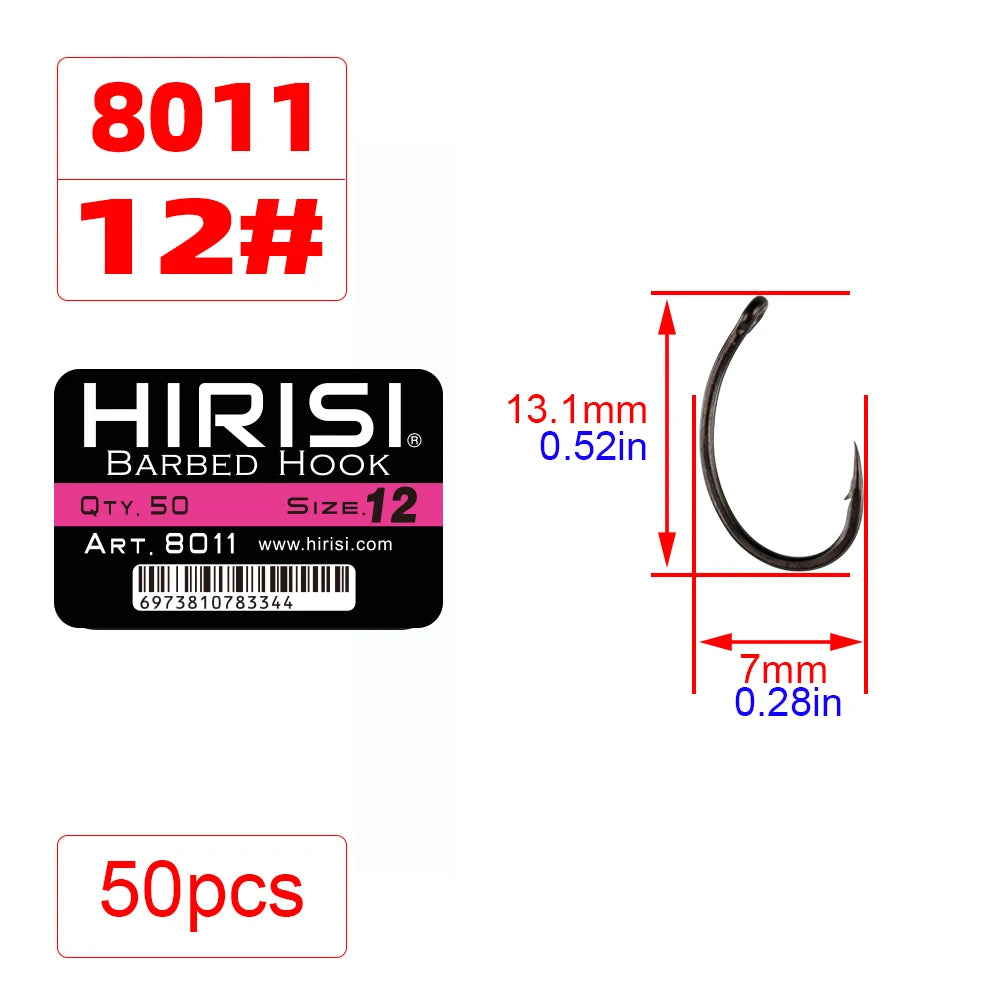 Hirisi 50pcs Coating High Carbon Stainless Steel Barbed hooks Carp Fishing Hooks Pack with Retail Original Box 8011