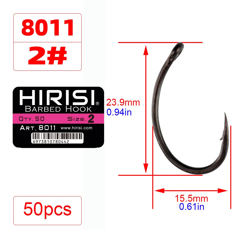 Hirisi 50pcs Coating High Carbon Stainless Steel Barbed hooks Carp Fishing Hooks Pack with Retail Original Box 8011