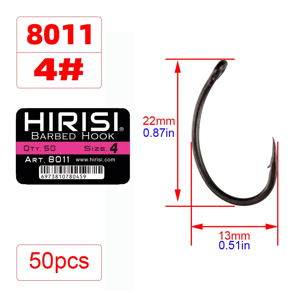 Hirisi 50pcs Coating High Carbon Stainless Steel Barbed hooks Carp Fishing Hooks Pack with Retail Original Box 8011