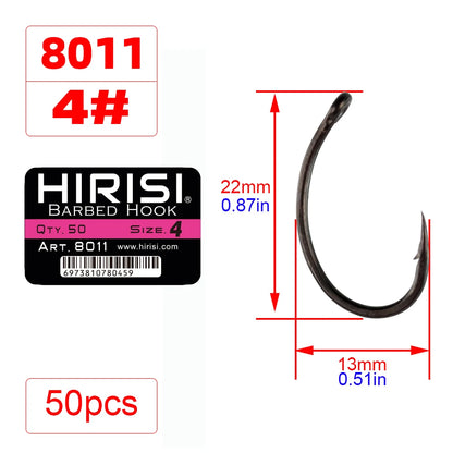 Hirisi 50pcs Coating High Carbon Stainless Steel Barbed hooks Carp Fishing Hooks Pack with Retail Original Box 8011