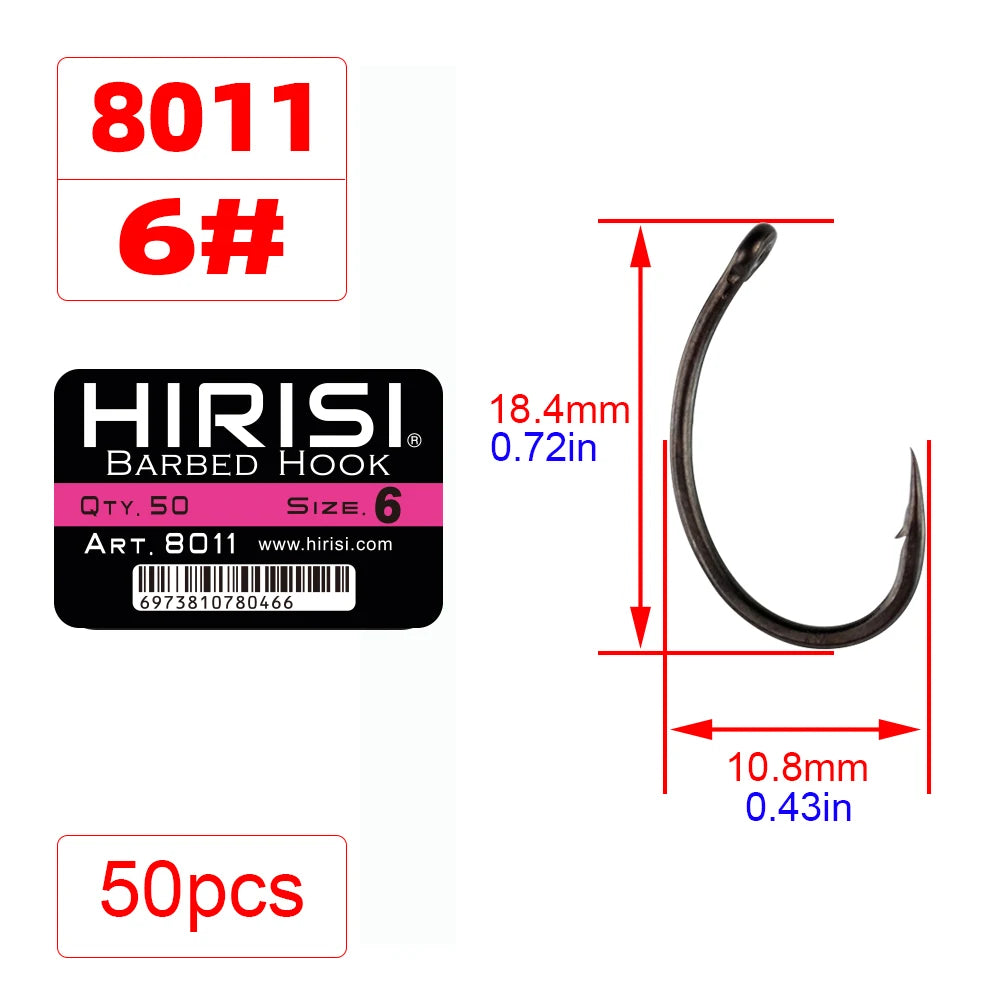 Hirisi 50pcs Coating High Carbon Stainless Steel Barbed hooks Carp Fishing Hooks Pack with Retail Original Box 8011