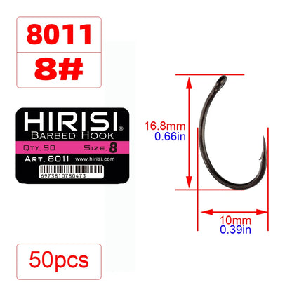 Hirisi 50pcs Coating High Carbon Stainless Steel Barbed hooks Carp Fishing Hooks Pack with Retail Original Box 8011