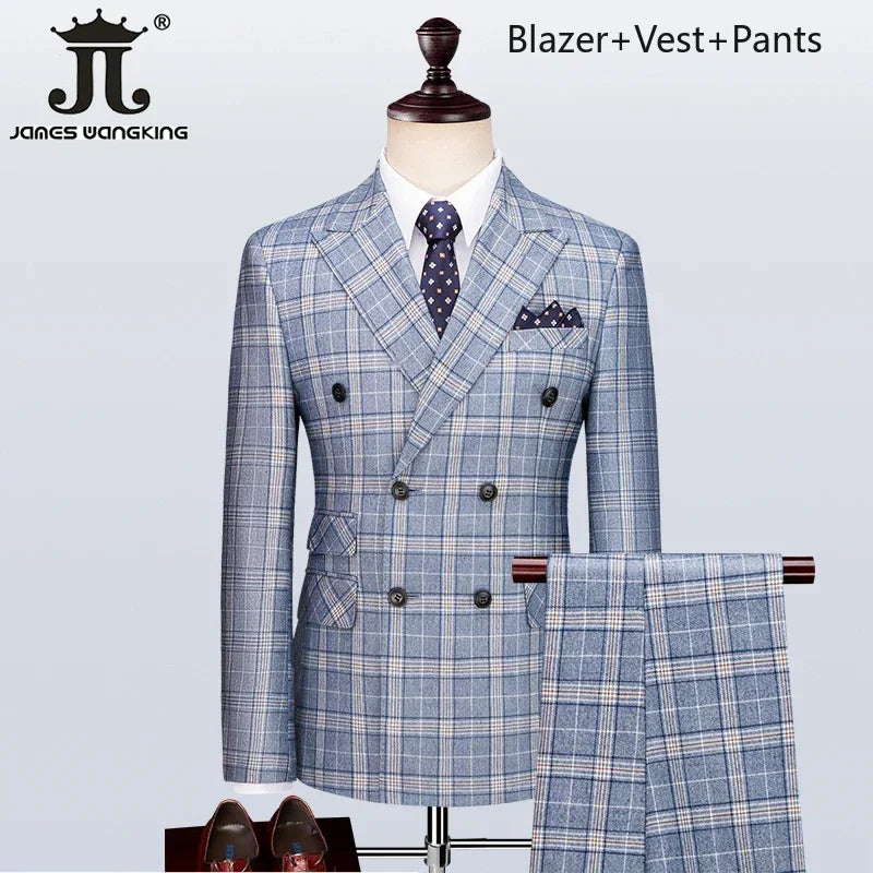 S-5XL ( Blazer + Vest + Pants ) Boutique British Style Mens Suit Plaid Groom Wedding Dress Business Casual Formal Suits 3Pcs Set