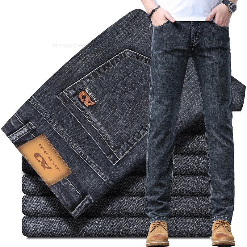 Spring and Summer Thin Men's Light Blue Slim Jeans Stylish Casual Stretch Fabric Denim Pants Classic Trousers Smoke Gray