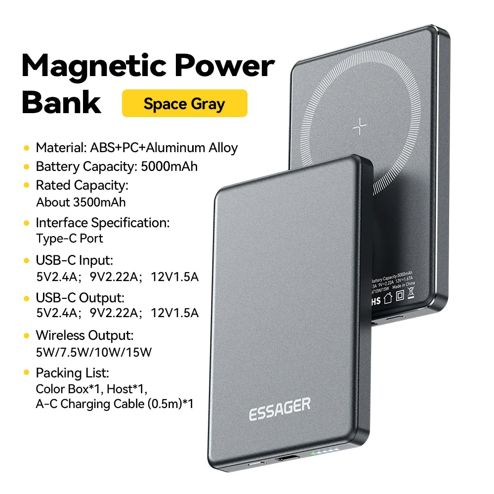 Essager Thin Wireless Power Bank Magnetic 20W 5000mAh Portable Fast Charging External Battery for Magsafe For iPhone 15 14 13 12