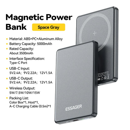 Essager Thin Wireless Power Bank Magnetic 20W 5000mAh Portable Fast Charging External Battery for Magsafe For iPhone 15 14 13 12