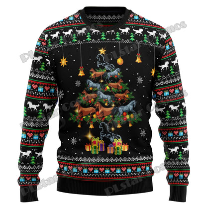 PLstar Cosmos Horse Christmas Tree 3D Printed Men's Ugly Christmas Sweater Winter Unisex Casual Warm Knitwear Pullover MY29