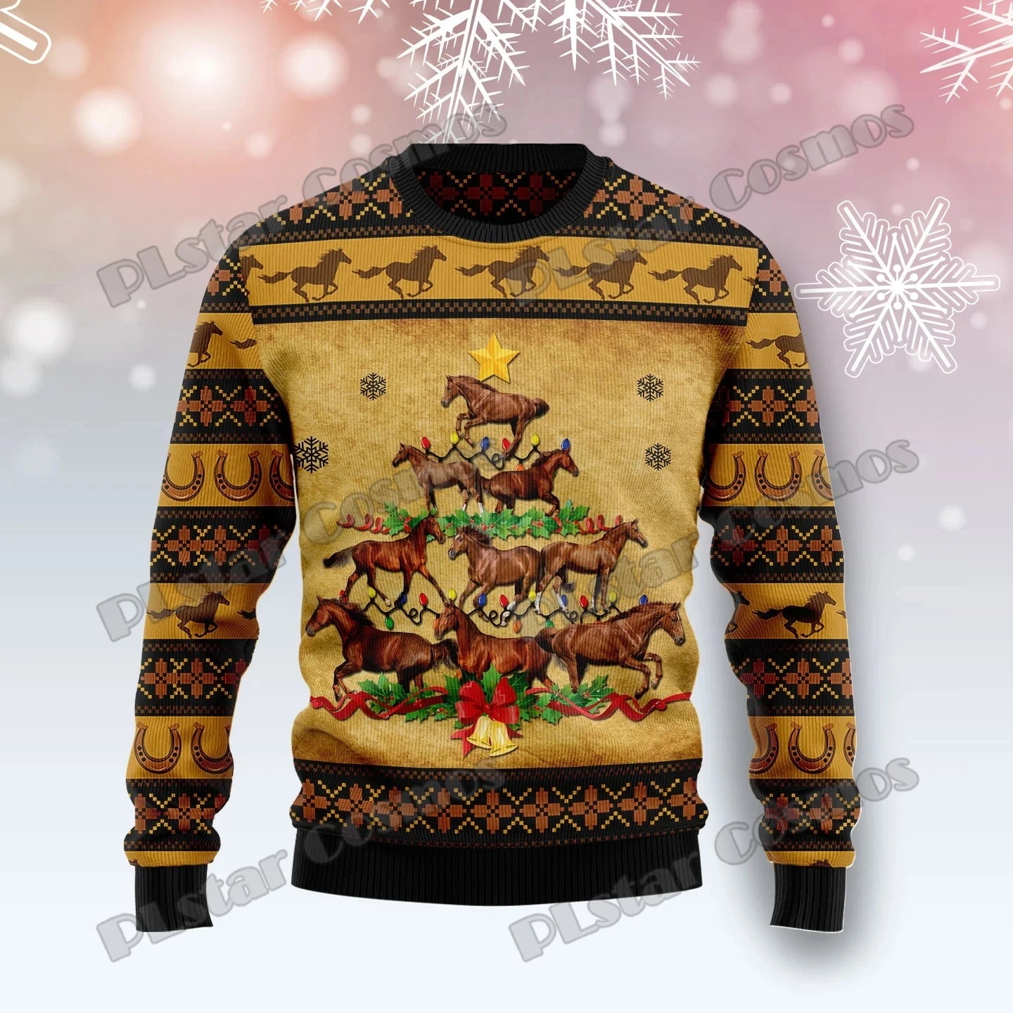 PLstar Cosmos Horse Christmas Tree 3D Printed Men's Ugly Christmas Sweater Winter Unisex Casual Warm Knitwear Pullover MY29