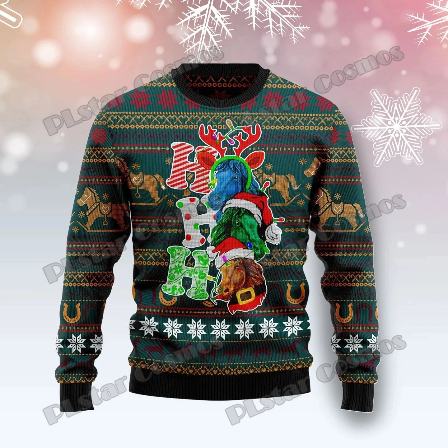 PLstar Cosmos Horse Christmas Tree 3D Printed Men's Ugly Christmas Sweater Winter Unisex Casual Warm Knitwear Pullover MY29